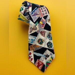 Nicole Miller Stamp Neck Tie 100% Silk VGC Colorful 1990 Vtg Office Travel Mail
